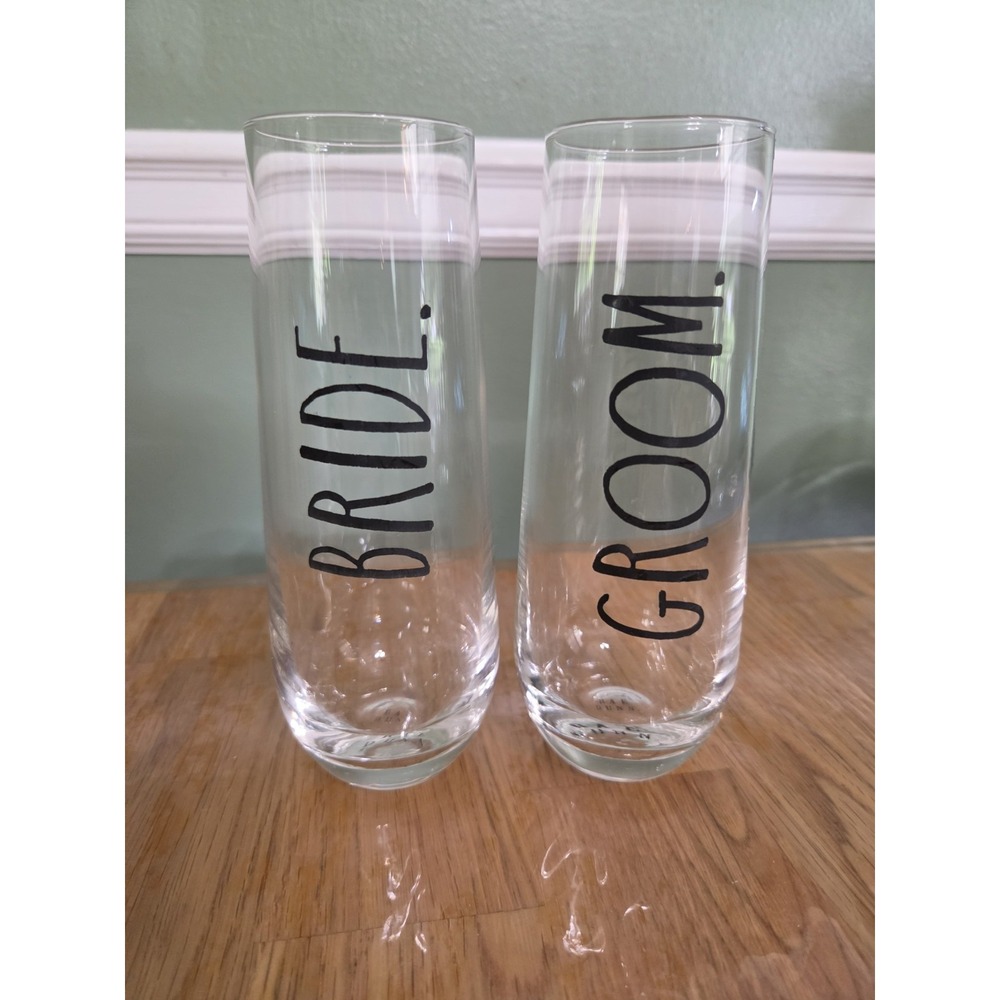 Rea Dunn Bride and Groom stemless Flutes. 10fl Oz Set Of 2 Flutes